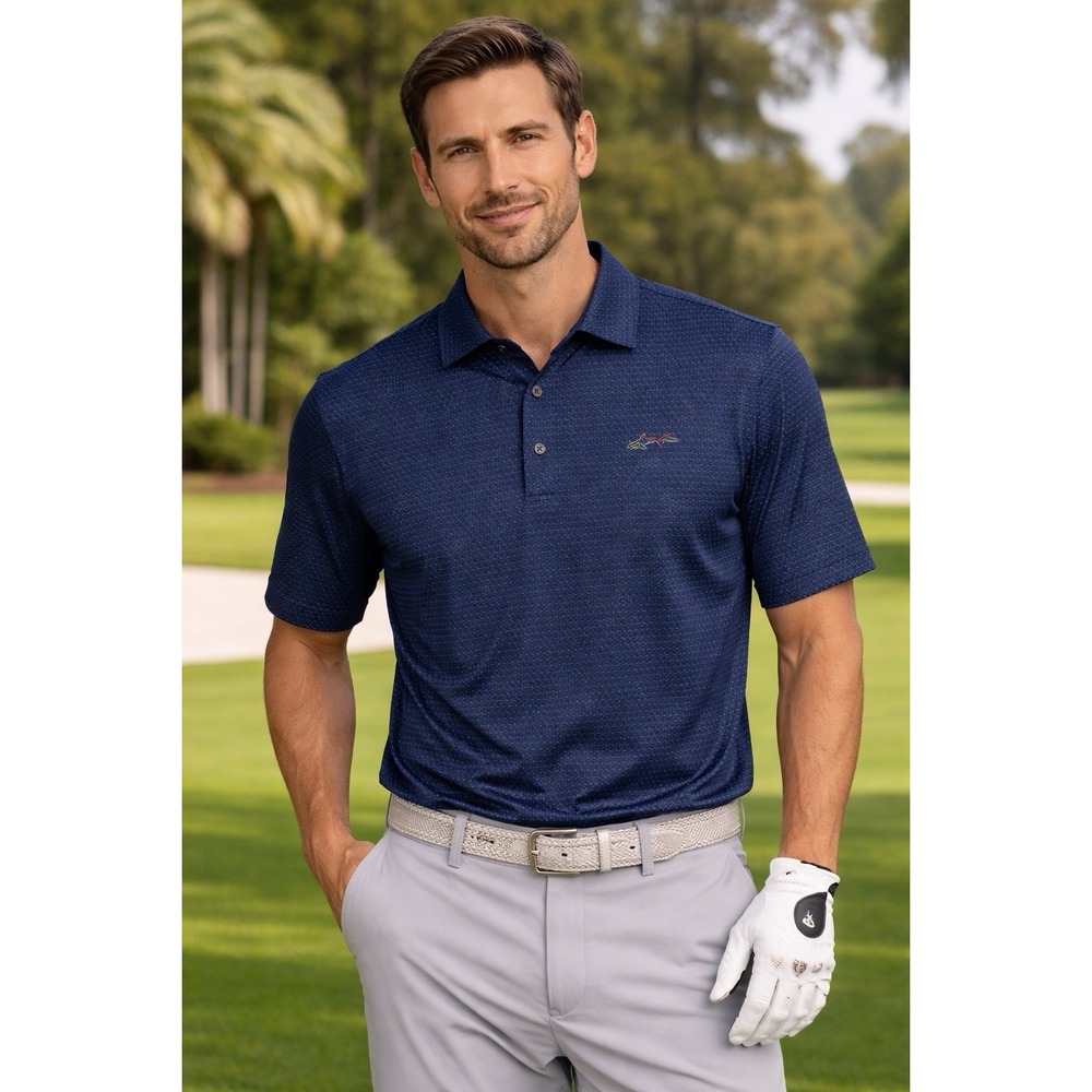 Greg Norman Mens XL Polo Shirt Blue Shark Logo Golf PlayDry Performance EUC